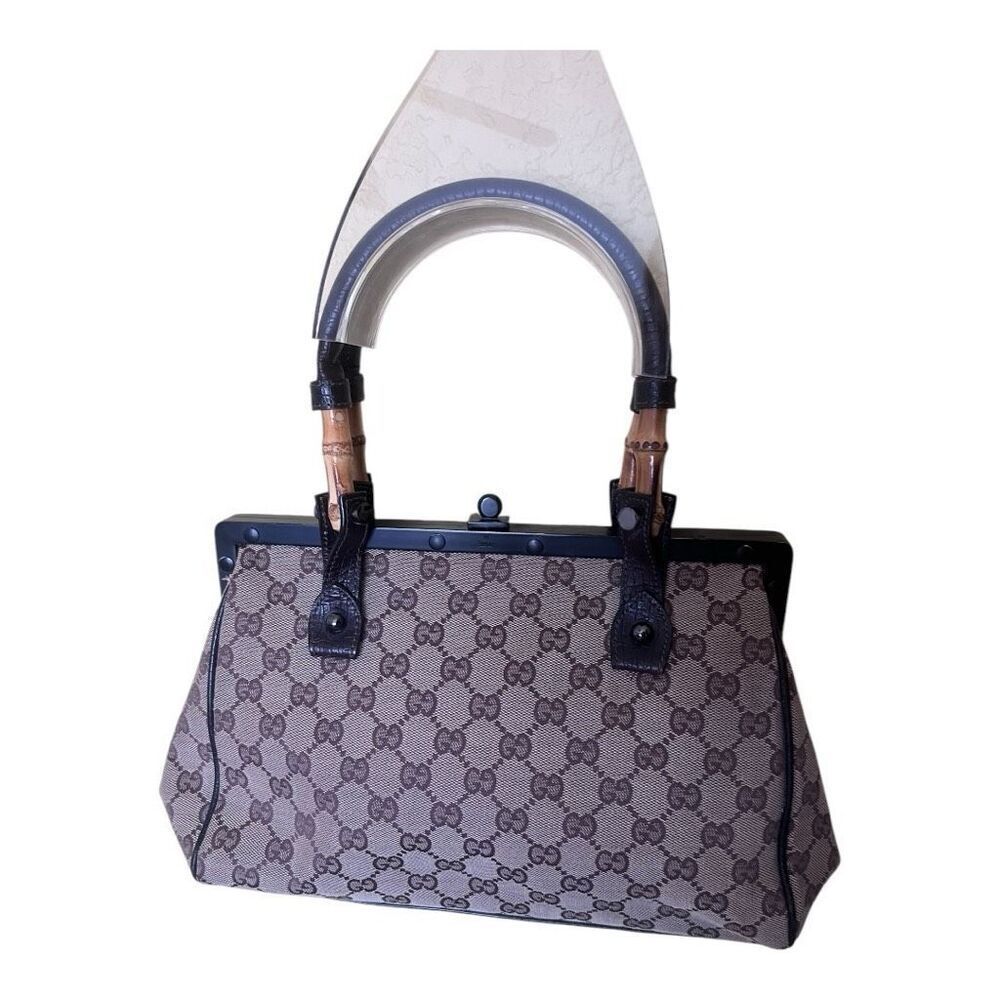 Gucci GG Canvas & Textured Leather Frame Bag with Bamboo Trim Handles